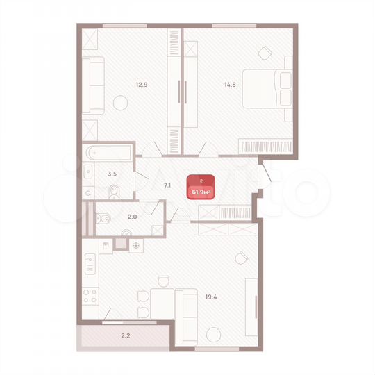 2-к. квартира, 62,2 м², 3/4 эт.