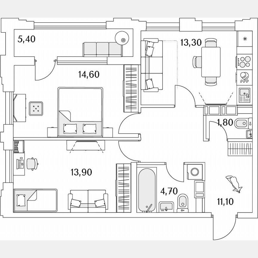 2-к. квартира, 62,3 м², 4/13 эт.