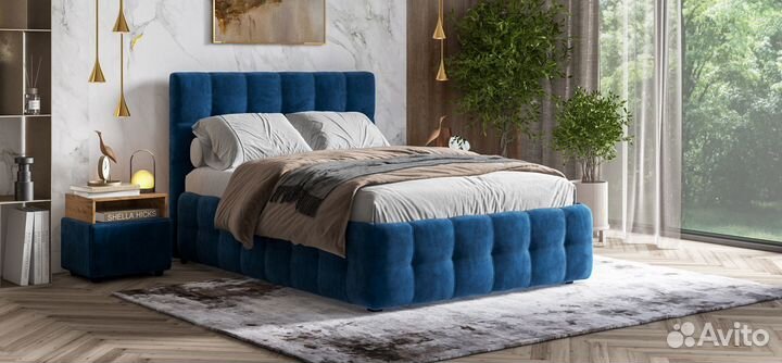 Кровать boss 140 велюр Monolit синяя + ПМ