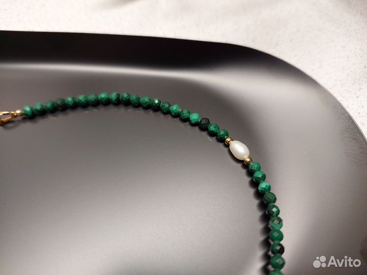 Чокер из натурального малахита и жемчуга