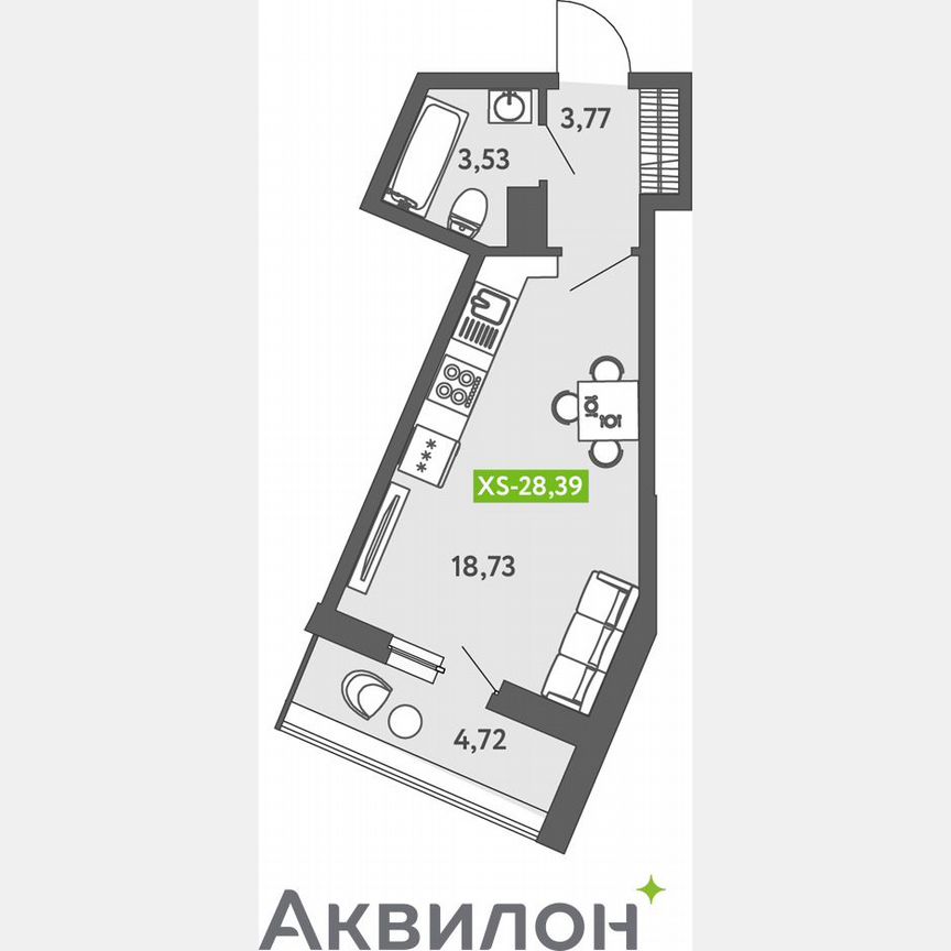 Квартира-студия, 28,6 м², 9/13 эт.