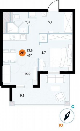 1-к. апартаменты, 43,1 м², 4/7 эт.