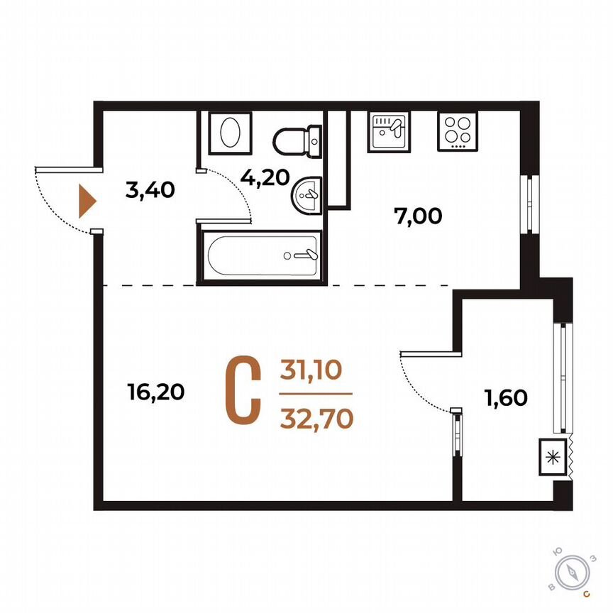 Квартира-студия, 32,7 м², 3/8 эт.