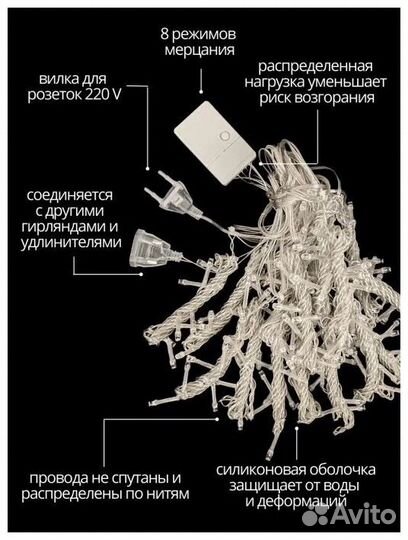 Гирлянда штора/занавес/на окно 3 на 3 метра