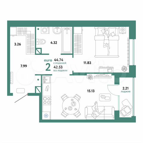 2-к. квартира, 44,7 м², 3/16 эт.