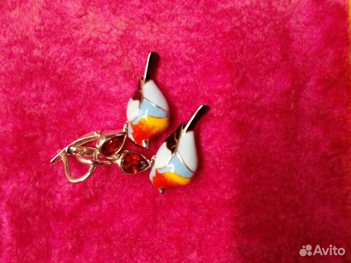 Серьги. Снегири. Серебро. Эмаль. Бренд соколов