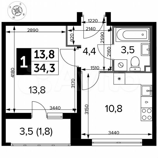 1-к. квартира, 34,3 м², 24/24 эт.