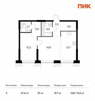 2-к апартаменты, 57.4 м², 25/28 эт.