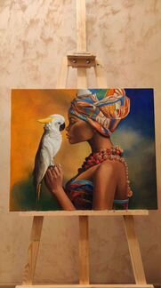 Картина девушка с попугаем на холсте маслом 65х50