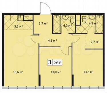 3-к квартира, 70 м², 2/14 эт.